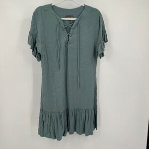 Michael Stars Womens Boho Lace Up Ruffle Tiered Mini Dress Size S Sage Green